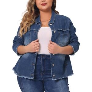Agnes Orinda Plus Size Denim Jacket Frayed Hem Button Front Medium‎ Wash NWT